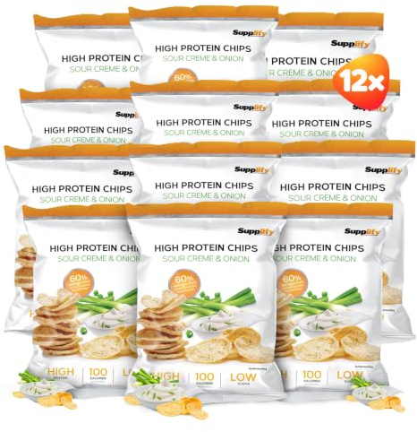 Supplify Chips Altos en Proteína (Sour Cream & Onion), Snack Proteico para Pérdida de Peso o Desarrollo Muscular, Alternativa Deliciosa (12 x 50 g)