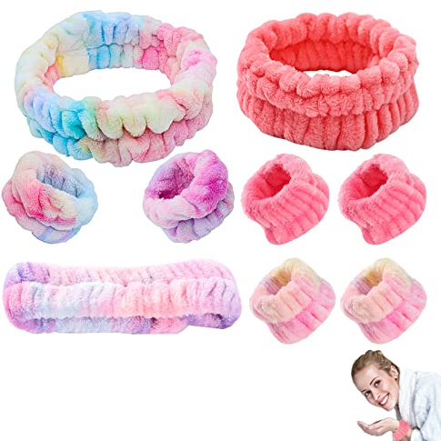 PMELCXD 3 Diademas Faciales de SPA para Maquillaje y Lavar Cara Banda 3 Pares de muñequeras de Lavado Facial de Cabeza para SPA Yoga Ducha Envoltura Elástica para Cabeza para Niña Mujer