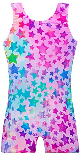 TENVDA Girls Gymnastics Leotards Size 5-6 Years Hotpink Stars Sparkly Classic One-Piece Sleeveless Kids Biketard Unitard