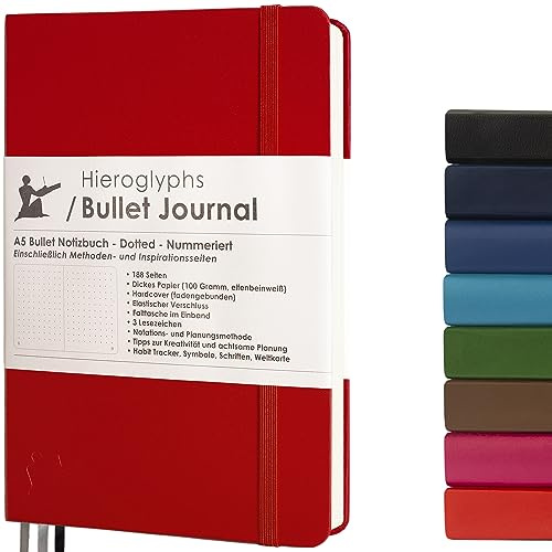 Punktjournal – A5-anteckningsbok, prickade sidor, bulletjournal-system – 189 numrerade sidor, vikbar innerficka, 3 bokmärken, gummiband för stängning – 100 g/m² papper – från Hieroglyphs (cinnoberröd)