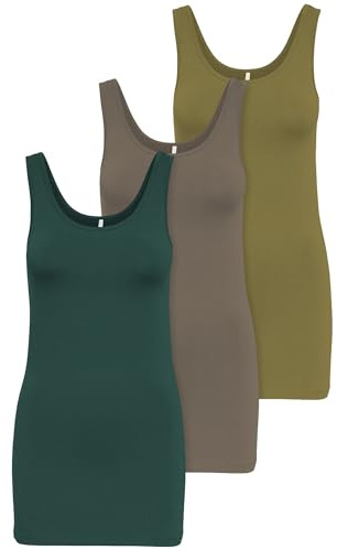 ONLY 3-pack damtoppar, basic tanktoppar vit, svart, grå, blå, grädde damskjorta, långa sommarskjortor, topp 15201465, Färgmix 9, S