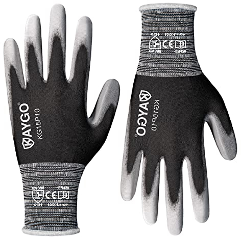 KAYGO Thin Work Gloves PU Coated 12 Pairs, KG15P, Nylon Liner with Flexible Polyurethane Coating Lightweight Safety Work Gloves for Precision Handling Work, DIY, Assembly, Warehouse (Black, XL)