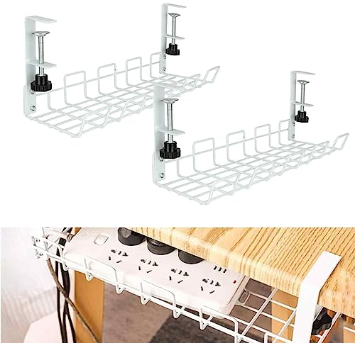 CYEER 2PCS Under Desk Cable Management, White Cable Management Tray Under Desk Storage Accessories, No Drill Metal Wire Management Tray Cord Organizer with Clamp Mount for Home Office Desks