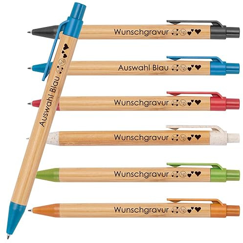 100x Kugelschreiber aus Bambus mit Wunschgravur | Nachhaltig | Emojis möglich | Blauschreibend | farbige Applikationen aus Weizenstroh | Werbekugelschreiber (Blau)