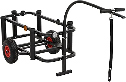 vidaXL Angelwagen, Handwagen für Angeln Campen, Campingwagen mit 2 Lufträdern 5 runden Rutenhaltern, Wagen Angel Trolley, Schwarz Stahl