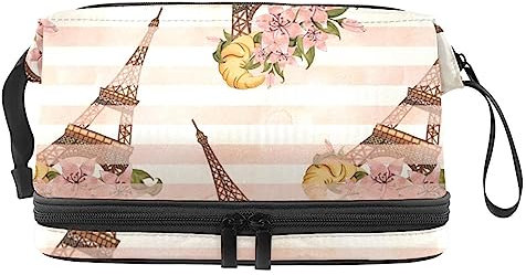Trousse de Maquillage pour Femme Trousse cosmétique,Tour Eiffel Bande Fleurs,Sac Organisateur cosmétique Sac de Maquillage de Voyage Portable