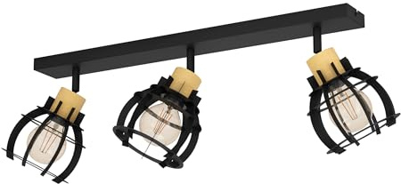 EGLO Deckenstrahler Stillington 1, 3-flammige Deckenlampe | mit schwenkbaren Spots, FSC100HB, Deckenleuchte Industrial Design aus Metall in Schwarz und Holz in Natur, Deckenspot mit