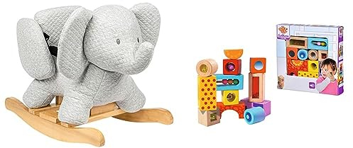 Nattou Schaukeltier Elefant Tembo, Baumwolle, 60 x 30 x 45 cm, Grau & Eichhorn – Klangbausteine – 12 Bunte Holzbausteine die Geräusche Machen, für Kinder und Babys ab 12 Monaten, Holzspielzeug