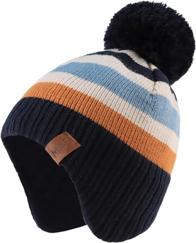 Malaxlx Kids Striped Navy Blue Pom Pom Beanie Hat Winter Warm Child Knitted Earflap Hat Fleece Lined Ski Skull Cap for 4-8 Years Boys Girls