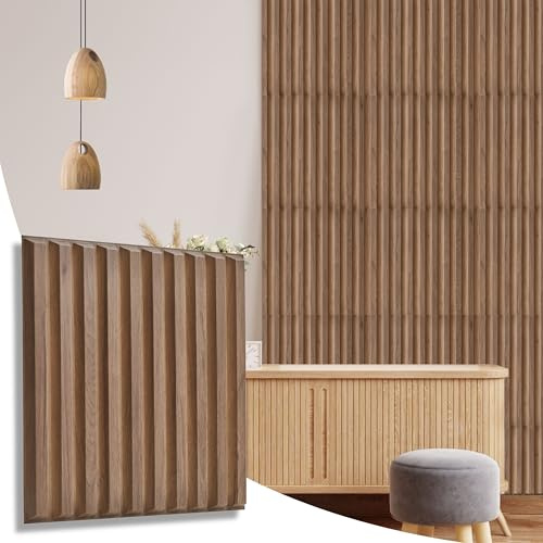 NOVECRAFTO Fluted Line Effect 3D Wall Panels - Pack of 12 Sheets 32.29 sq ft (3 sqm) - Decorative Cladding Panel Size 19.6x19.6 (50x50cm) - PVC Wall Panelling Fluted Line Design in Matte Wooden