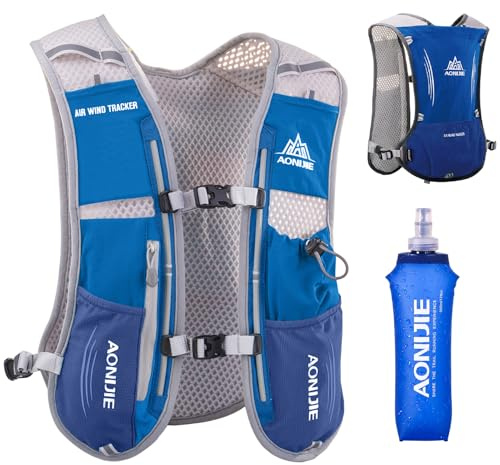 5 l löparväst ryggsäck, lätt hydratiseringsväst ryggsäck för kvinnor och män utomhussport, maraton, terrängrace, cykling, vandring, klättring (blå med 500 ml mjuk flaska)