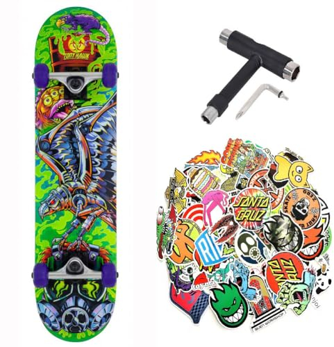 Komplettes Skateboard Tony Hawk PROFESSIONAL Serie Anfänger, 7,5 Zoll + Mehrzweck-Tool + 50 glänzende Sticker (Toxic 7,5 – Tool – 50 Sticks, 7,5)