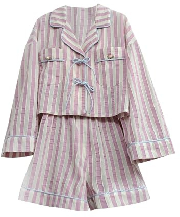 SANSIWU Damen-Schlafanzug-Sets mit Blumen-/Streifendruck, langärmeliges Hemd mit Bindung vorne, Rüschen-Shorts mit weitem Bein, Y2K 2-teiliges Pyjama-Set, A-Pink, S