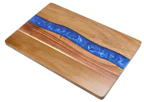 Acacia Wood Resin Charcuterie Board,13.8 * 9 inch,Expoxy Resin Ocean Blue Wave Pattern Cutting Board for Kitchen and Mini bar,Reversible Board for Meat, Cheese, Bread, Vegetables, Fruit