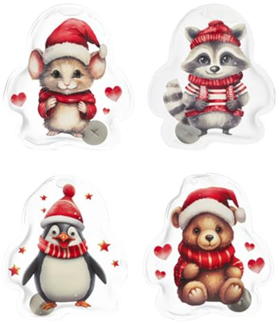 itsisa Taschenwärmer Weihnachtstiere (4er Set) - Waschbär, Pinguin, Maus, Bär - Wichtelgeschenk, Handwärmer, Taschenheizkissen
