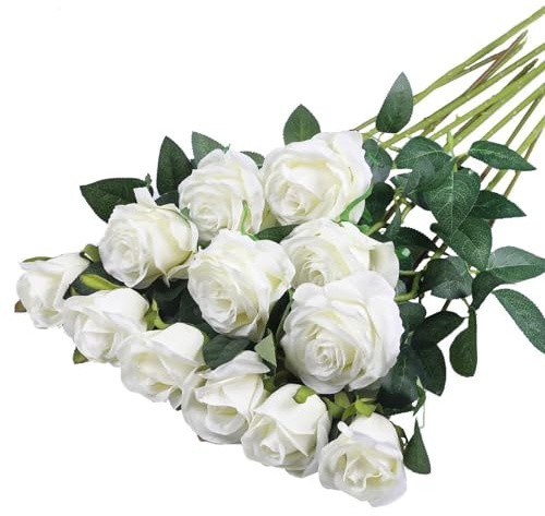 PacuM 12 Stück Künstliche Rosen Seidenblumen Fake Rose 51 * 7cm Einzelne Langstielige Künstliche Rosen Realistische Kunstrosen für Brautstrauß Heiratsantrag Party Haus Garten Dekor (Weiß)
