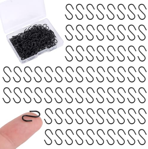 Gosknor 200stk Mini-S-Haken zum Aufhängen, 1,3cm Edelstahl Winzig Miniatur-Ornamenthaken Metalldraht Kleine S-Förmige Aufhänger Verbindungsstücke für Schmuck DIY-Basteln (Schwarz)