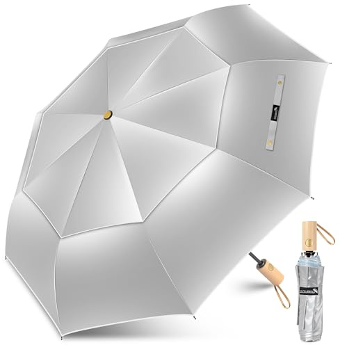 ZOMAKE Sonnenschirm Tragbar UV Schutz,Regenschirm Kompakt Automatik Mit Doppelter Abdeckung,Taschenschirm Sturmfest Mit Holzgriff für Herren Damen(Silber Hellblau-Doppelt)