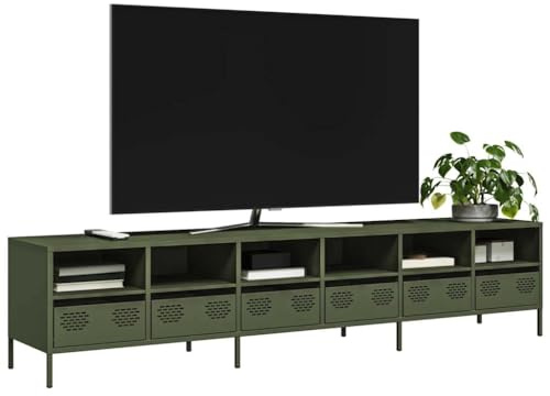 Rantry Arredo Mobile TV Verde Oliva 202x39x43,5 cm Acciaio Laminato a Freddo, Mobilia Mobile Porta TV Mobiletto Basso per TV per Tavolino da Salotto Industriale Supporto TV Soggiorno M-3307159
