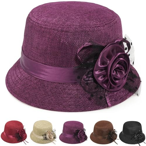 Initlove Damen-Glockenhut, Vintage-Stil, Blumenmuster, Fischerhut für Hochzeit, Party, weinrot, Einheitsgröße
