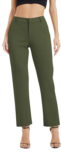 EXCHIC Femmes Commercial Jambes Droites Elastique Taille Pantalon Décontractés Confort Pantalons avec Poches(L, Vert armée)