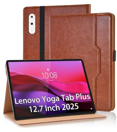 Vkooer Hülle für Lenovo Yoga Tab Plus 12.7 Zoll 2025 mit S Pen Halter und Dokumentschlitze Premium PU Leder Folio Business Stand Schutzhülle Tasche Cover Case für Lenovo Yoga Tab Plus, Braun