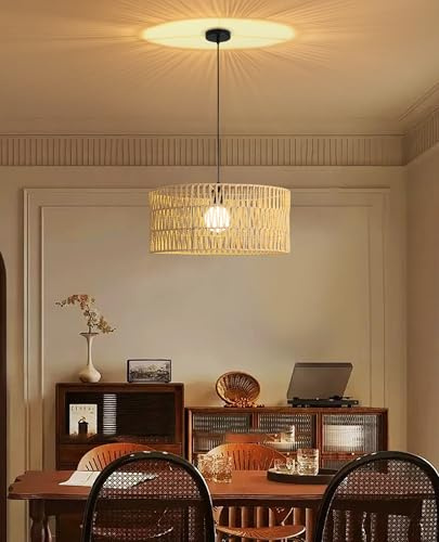JAYNLT Suspension en Rotin Ø40cm, Plafonnier en Rotin Tissé Bohème Lustre, Lampe Suspendue Rustique, Abat-Jour Tressé E27 pour Chambre Cuisine Couloir Table à Manger