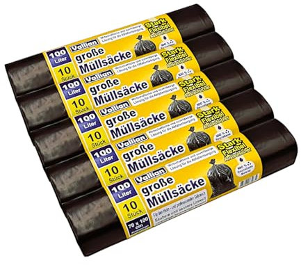 Vallian - Müllsäcke 100 Liter - Größe Abmessungen 70 x 100 cm - 10 Beutel pro Rolle - reißfest, stark und flexibel - Packung mit 5 Rollen (50 Beutel)