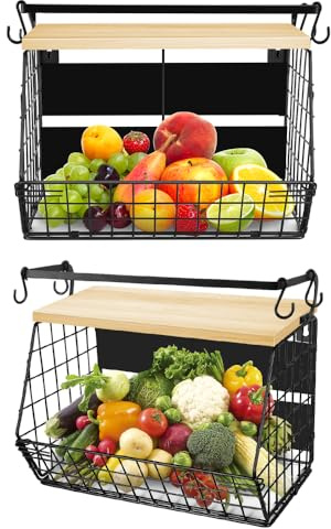 HUOLE - Juego de 2 cestas de frutas de metal para colgar para la cocina con soporte de plátano, cesta de almacenamiento de pared para verduras, frutas, pan, 35 x 17 x 29,5 cm (dos), color negro