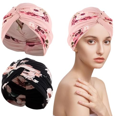 2 Stücke Frauen Chemo Hüte Turban, Plissee Kopfbedeckung Damen, Mützen für Krebspatientinnen und Krebs, Haarband und Beanie, Leichte Sommer Kopftücher gegen Haarausfall, Weich Atmungsaktiv Kopfschmuck