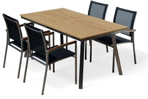 ALEOS. Gartengarnitur Edelstahl Teak Set Tisch Nassau 160x90 cm + 4 stapelbare Sessel Schwarze Batyline Bespannung Stapelsessel A-Grade Teak Holz Gastroqualität Gartenmöbelgarnitur Esstischset