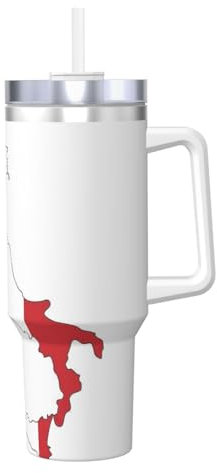 KOUUIP Tasse à café à double paroi en acier inoxydable avec couvercle et poignée - Motif carte du drapeau italien - 1200 ml