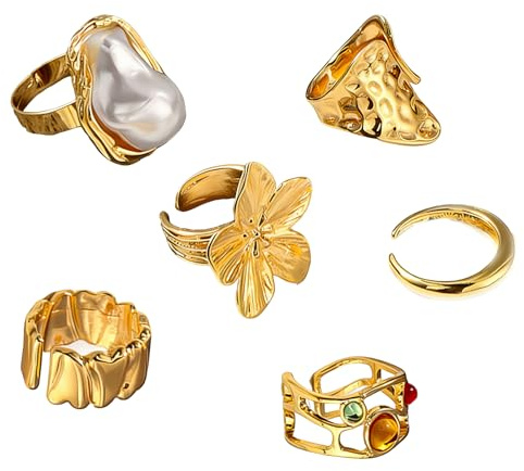 6 PCS Retro Metal Flower & Crystal Faux Pearl Rings Women Set, Gold Ring Set, Wear Individually or Stacked Chunky Gold Rings, Suitable for Women's Daily Outfit Celebration Parties