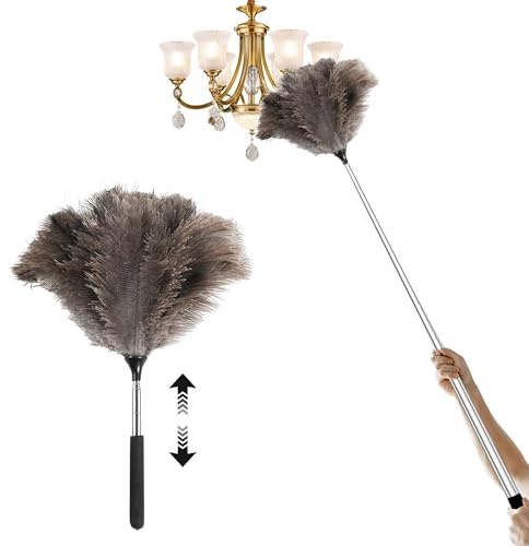 Plumero de plumas de avestruz extensible, plumero de plumas esponjoso, extralargo, plumero de mano extensible para limpiar paredes, techos, luces y armarios