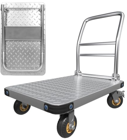SJASD Schwerlast Plattformwagen (650 kg Tragfähigkeit),Stahl Transportwagen mit 360°-Schwenkrädern,Klappbar Handwagen,Flachbett,ideal für Lager,Werkstatt,Gastronomie,30 L X 19 W