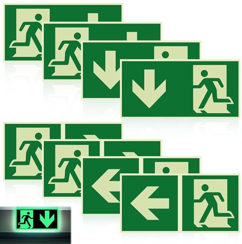 WZYTEU Señales de salida de emergencia, 8 unidades, señales luminosas, señales de escape, PVC, autoadhesivas, 300 x 150 mm, con flecha, camino de escape