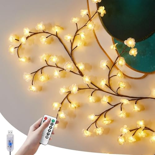 gresonic - Cadena ligera, color rosa, decoración, USB, vid de sauce, con mando a distancia, 8 modos de luces de rama rosa para vino deco habitación ocho decoración (rosa blanca 48LED)