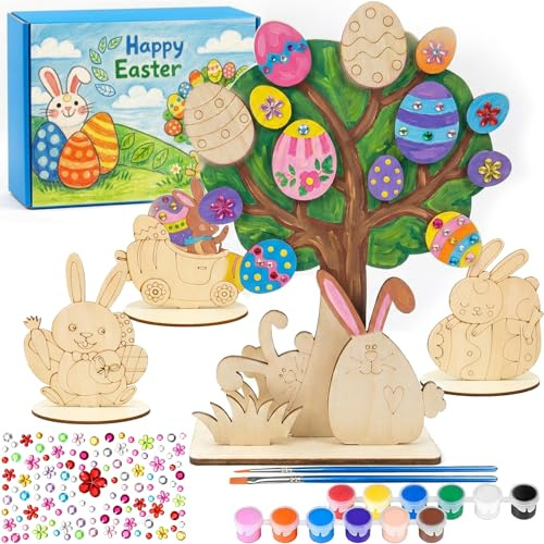 Holz Bastelset Kinder Ostern – Osterbaum Bastelset Kinder Holz mit Ostereiern & 3 Osterhasen Aufsteller, Kinder Basteln Holz Set, DIY Osterdeko & Frühlingsdeko für Tisch, Fensterbank & Zuhause