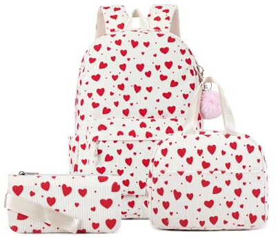 Makukke Corduroy School Backpack for Girls, 3pcs Set with Insulated Lunch Bag & Pencil Case, Aesthetic Kawaii Rucksack for Secondary School College, 15-inch Laptop Bookbag for Teens (Beige Hearts)
