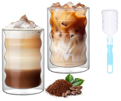 Forbabe 2 stycken 375 ml latte macchiato-glasset med dubbla väggar – isolerar kaffeglas med skedar och borste, stora termoglas för kaffe, te och cappuccino