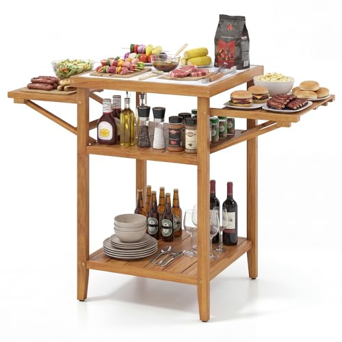COSTWAY Tavolo per Barbecue, Tavolo da Campeggio in Legno, 2 Ripiani Aperti e 2 Tavolini Laterali Ribaltabili, Isola da Cucina da Esterno per Picnic, 124,5 x 60 x 89,5 cm