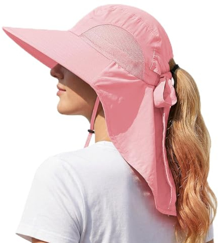 DRESHOW Sombrero Mujer Sol con Solapa de Cuello Protección UV Sombrero de Ala Ancha para Exterior Playa Pesca Plegables Apto para llevar Coleta UPF 50+