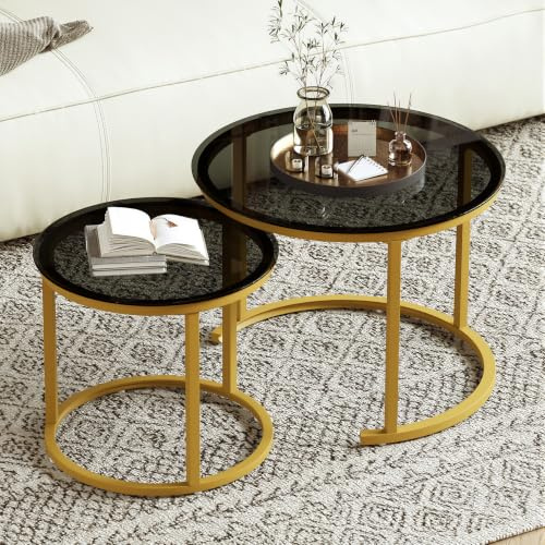 Hawthyhome Runde Beistelltisch 2er Set, Moderner Wohnzimmertisch, Couchtische Set Satztische für Wohnzimmer, Nesting Sofatisch mit Gelbem Metallgestell, Schwarz Rauchglas