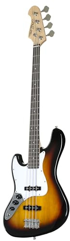 J & D JB E-Bass für Linkshänder, Bass mit Lindenkorpus und geschraubten Ahonhals in sunburst, Bassgitarre mit 2 Single Coils und Vintage-Style Bridge
