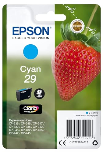 Epson 29 Fraise Cyan, Cartouche d'encre d'origine,XP-235 XP-243 XP-245 XP-247 XP-255, XP-257 XP-332 XP-335 XP-342 XP-345 XP-352 XP-355 XP-432 XP-435 XP-442 XP-445 XP-452 XP-455