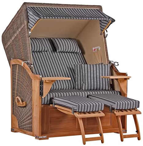 MR. DEKO® Strandkorb Seeblick 2-Sitzer Teakholz | PE Geflecht Grey | Volllieger verstellbar mit Fußablage | inkl. 4 Kissen + Wechselpolster | Strandkörbe Teak fertig montiert Strandstuhl (Dessin 500)