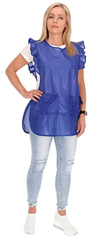 Chasuble Kasack överkast förkläde Dederon nylon nostalgi volanger prickar, Blå med vita punkter, S