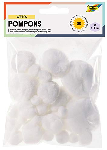 folia 50030 - Pompons 30 Stück, weiß, sortiert in 5 verschiedenen Größen von ca. 10 mm bis 50 mm, ideal für vielseitige Bastelarbeiten