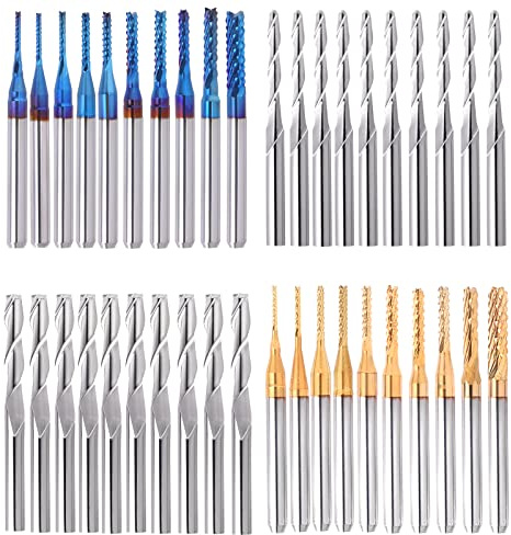 40Pcs End Mills CNC Router Bits Set 1/8 Shank, Mcwdoit CNC Machine Cutting Milling Tool Engraving Cutter Including Flat Nose/Ball Nose End Mill, Nano Blue Coat/Titanium Coat 2 Flute CNC Router Bits
