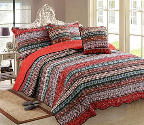 Luofanfei Plaid Tagesdecke Bett 230X250 cm Baumwolle Bettüberwurf Boho Streifen Muster überdecke Steppdecke Quilt Tagesdecke Gesteppt Sofaüberwurf Schlafzimmer mit Kissen Set Rot
